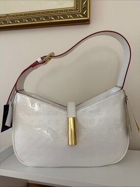 White Patent Shoulder Bag with Gold Accent